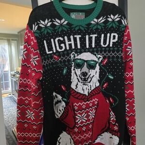 Ugly Christmas Sweater Light It Up Polar Bear - Red, Green, Black